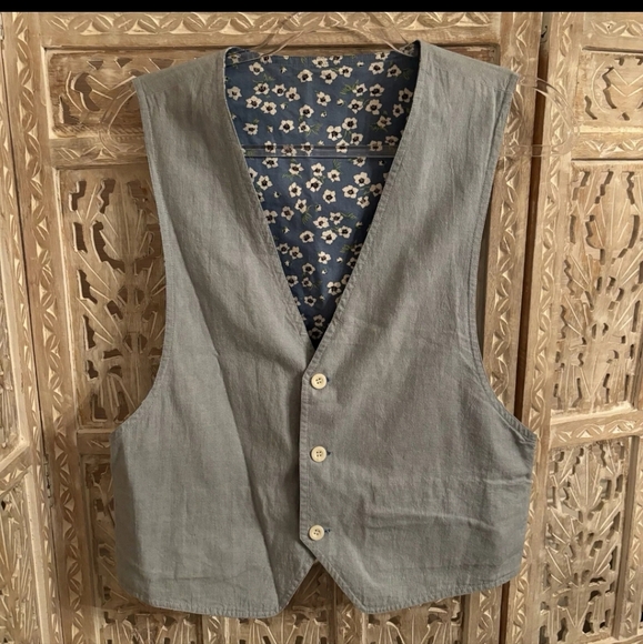 Vintage L.L. Bean Reversible Chambray Denim & Floral Print Vest Small - Picture 3 of 6